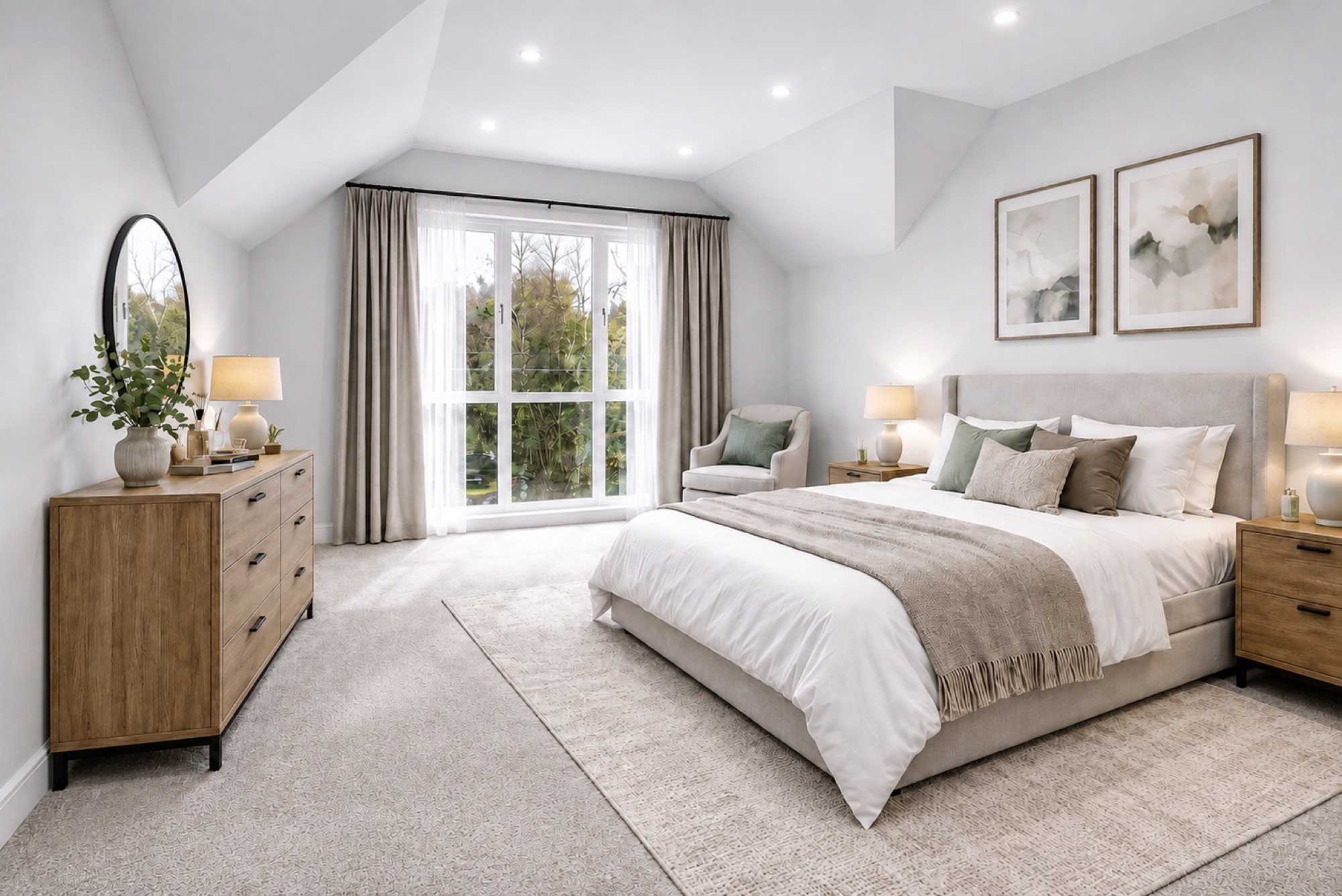 Principal bedroom suite with vaulted ceiling, Juliet balcony doors and soft neutral furnishings