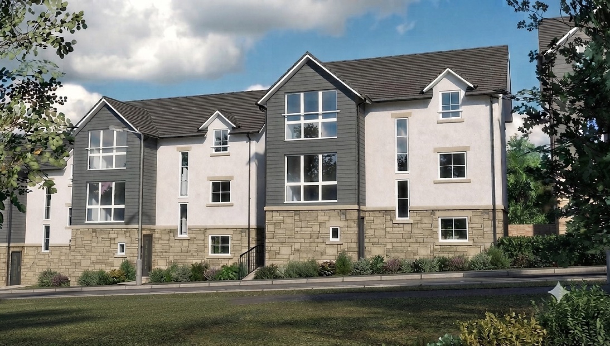 Elevation view of a Naturi Homes development showing white render, dark timber cladding and natural stone detailing