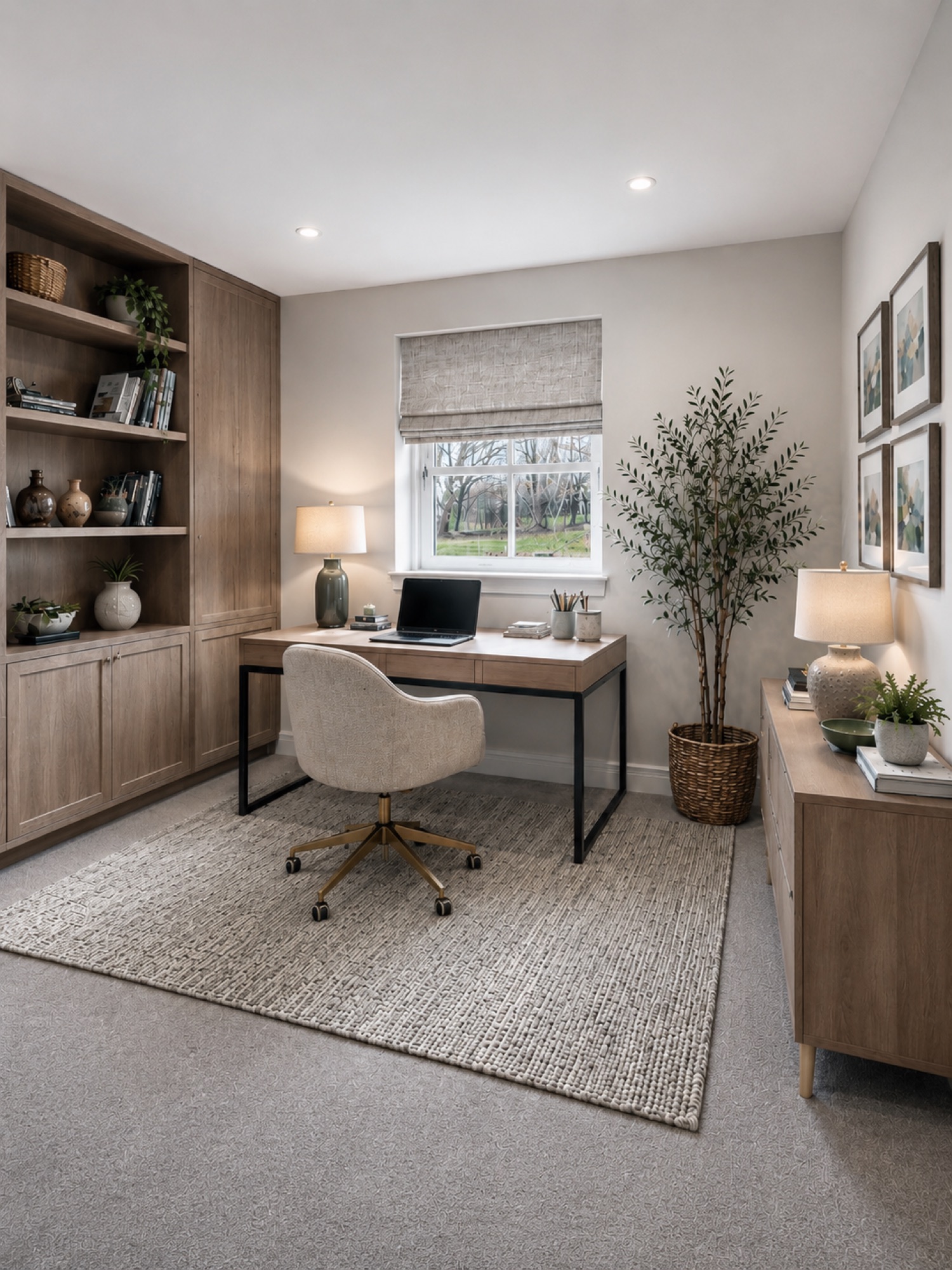 Home office with built-in shelving and desk