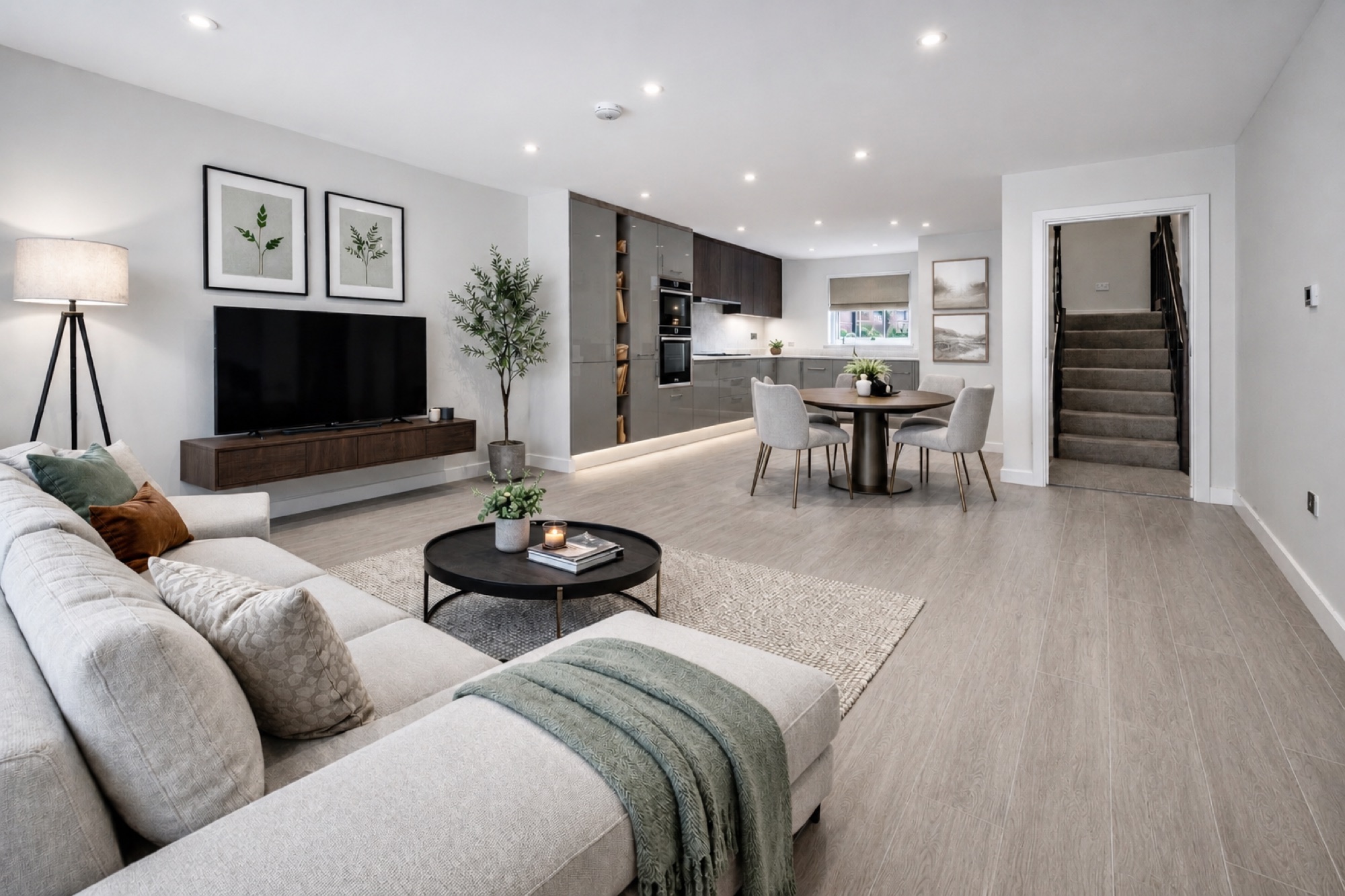 Open-plan living, dining and kitchen space with soft grey sofa and staircase leading to upper floor