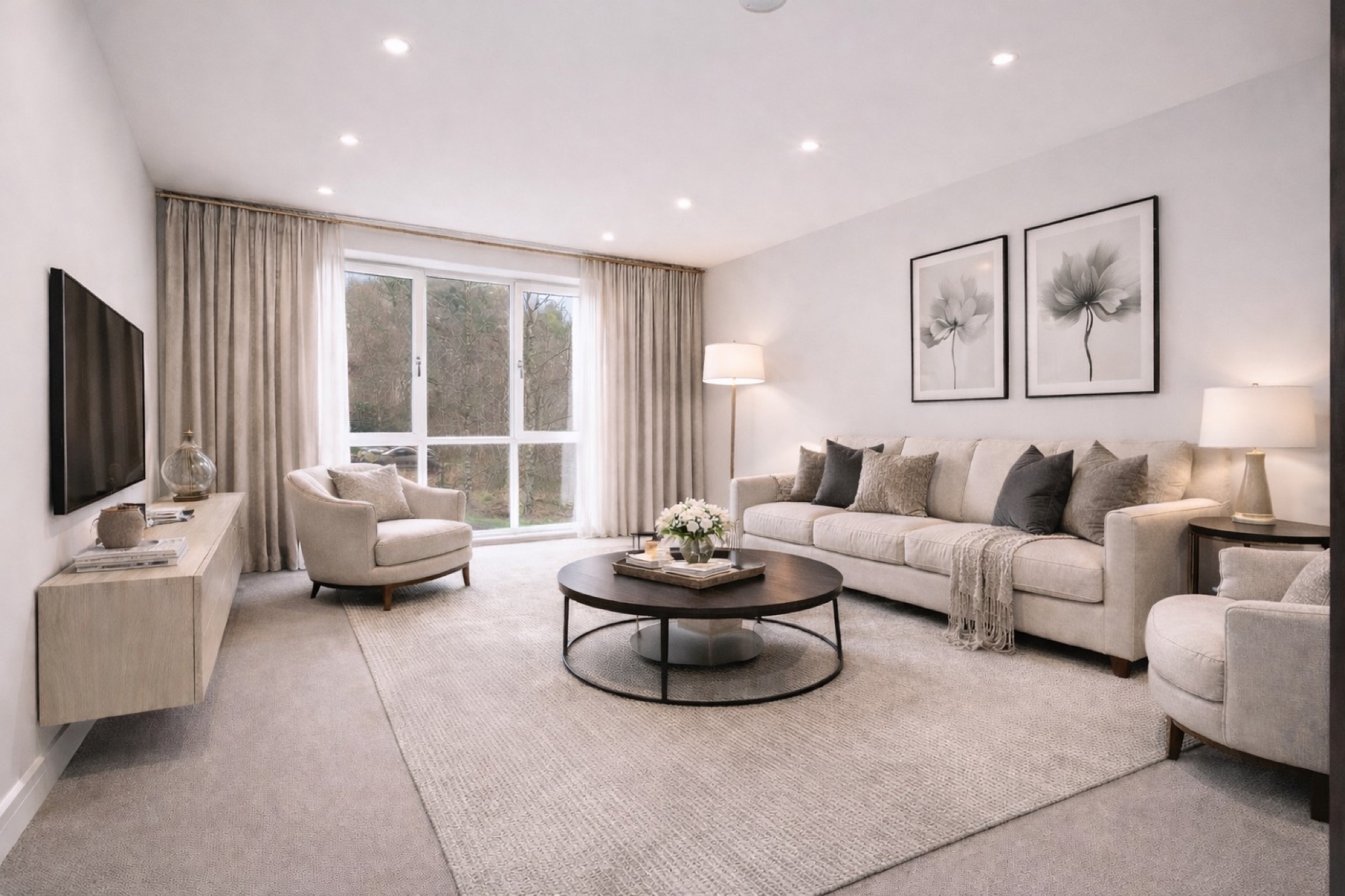 Living room with soft neutral sofa, armchairs and a round coffee table