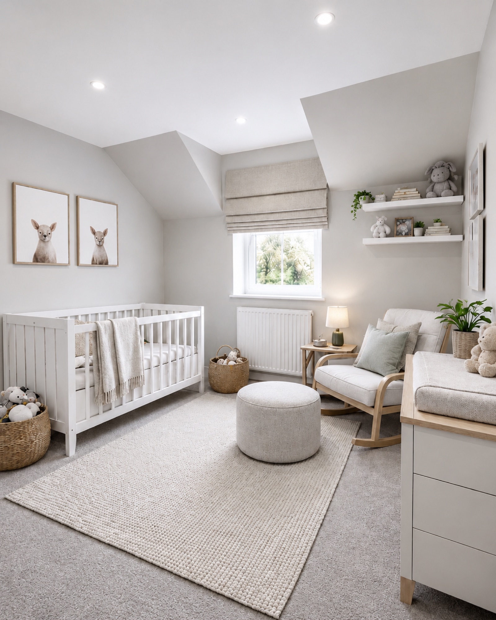Nursery with white cot and rocking chair