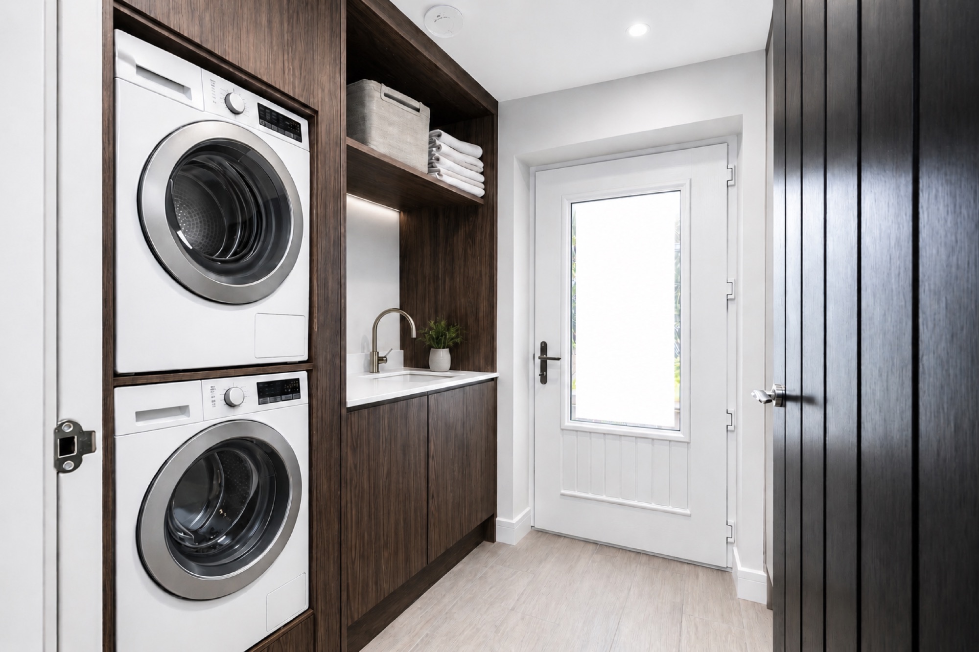 Utility room off the main entry hallway with a Palladio half-glazed door leading to the patio